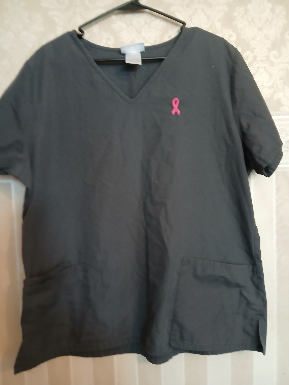 SB Scrubs Women’s V-Neck Short Sleeve Scrub Top - Black with Pink Ribbon
